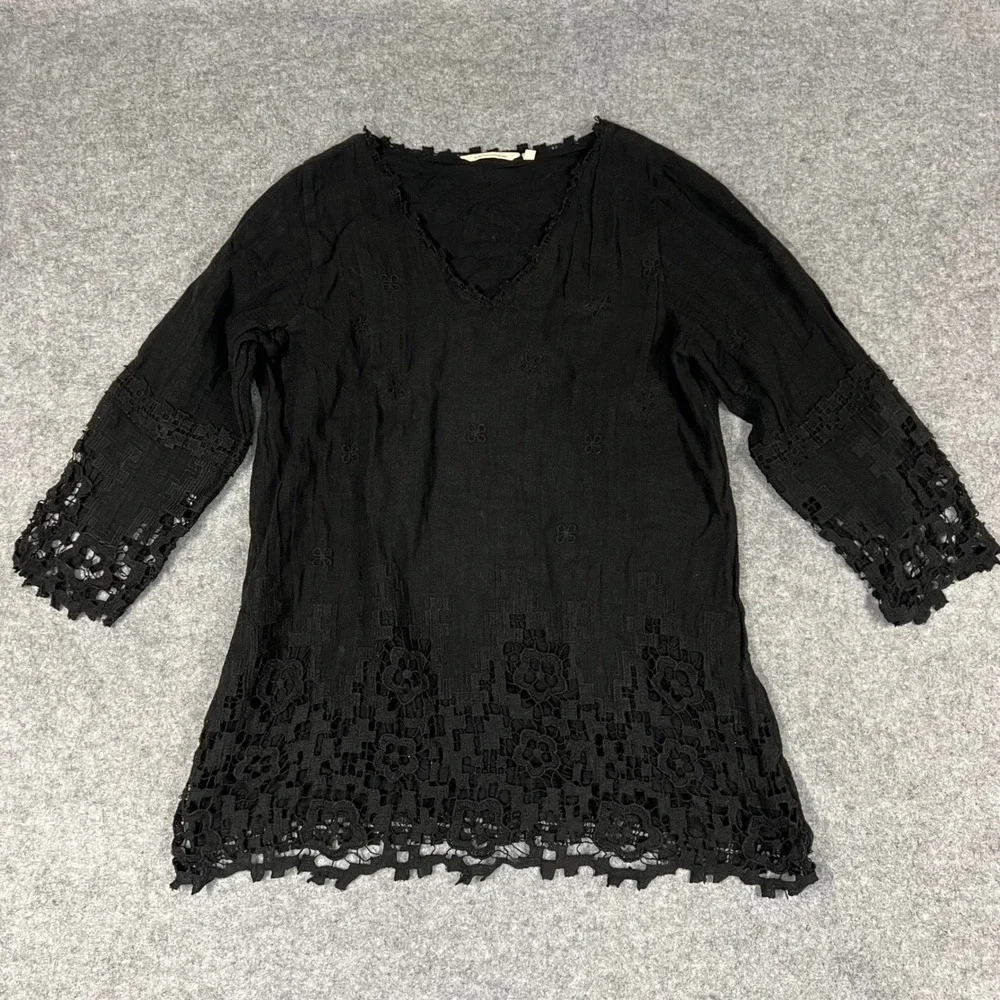 Soft Surrounding Black Embroidered Tunic Crochet Lace Trim Long Sleeve Boho‎ XL